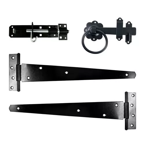 Side Gate Ironmongery Set: Tee-Hinges, Bolt & Latch - Black