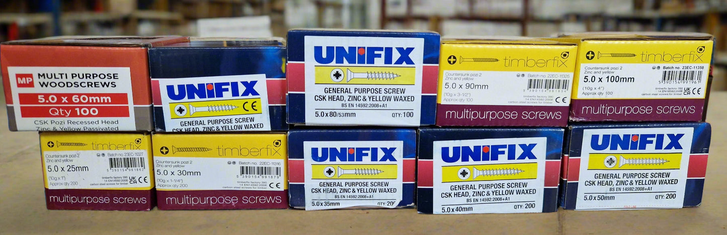 Assorted Yellow Wood Screws, Mix of 10 Boxes (Set 11)