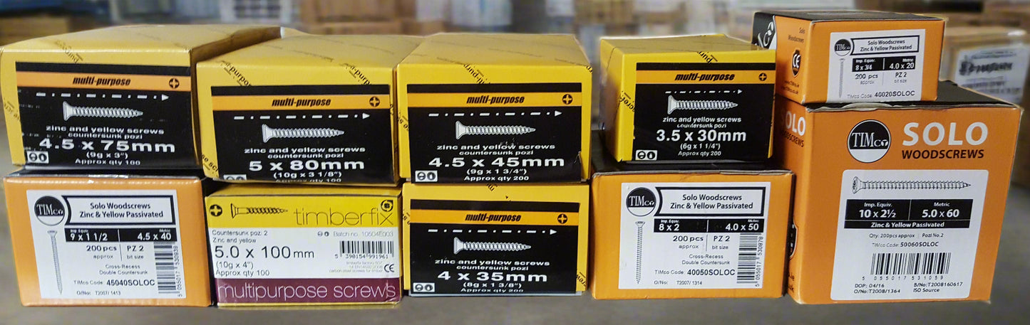 Assorted Yellow Wood Screws, Mix of 10 Boxes (Set 7)