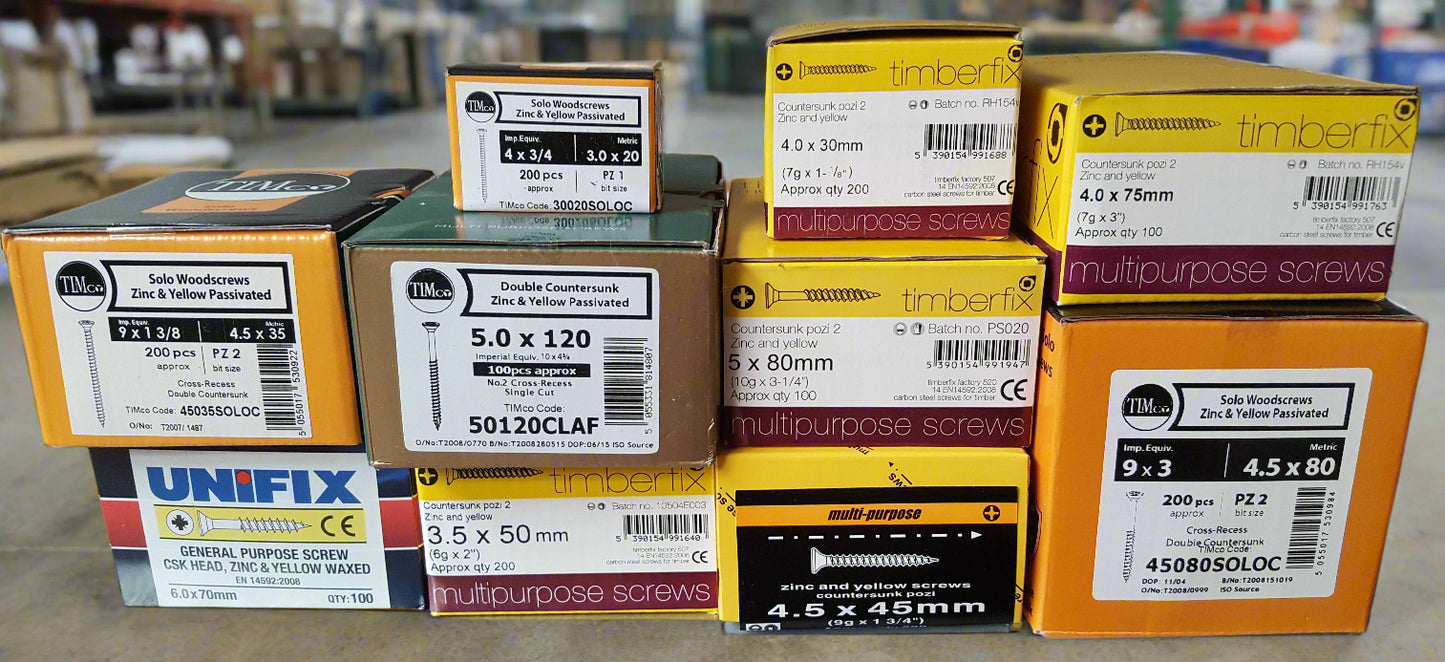 Assorted Yellow Wood Screws, Mix of 10 Boxes (Set 10)