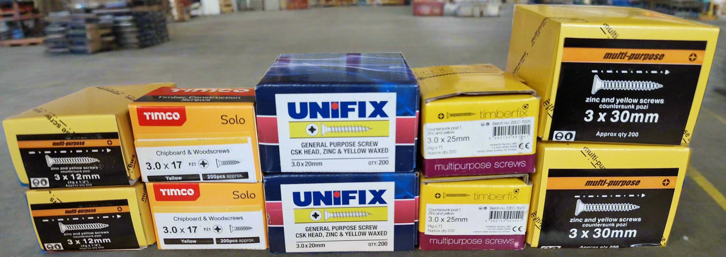 Assorted Yellow Wood Screws, Mix of 10 Boxes (Set 1)