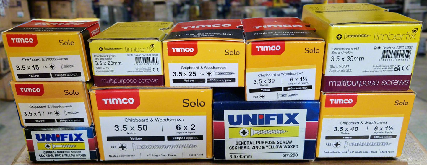 Assorted Yellow Wood Screws, Mix of 10 Boxes (Set 2)