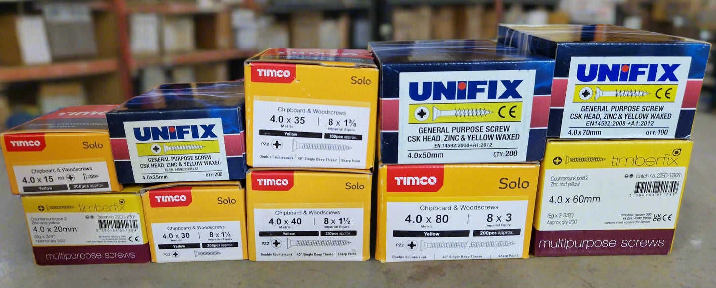 Assorted Yellow Wood Screws, Mix of 10 Boxes (Set 6)