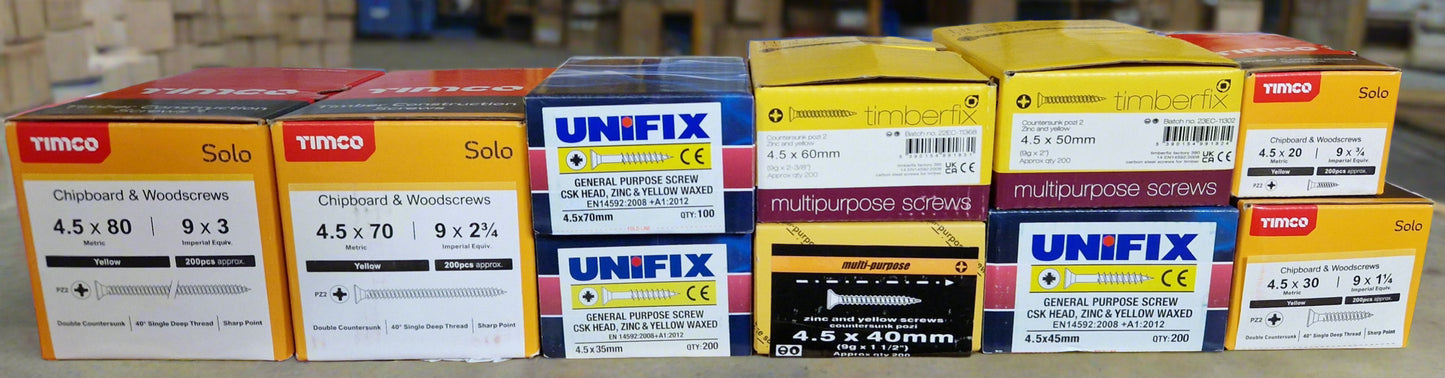 Assorted Yellow Wood Screws, Mix of 10 Boxes (Set 5)